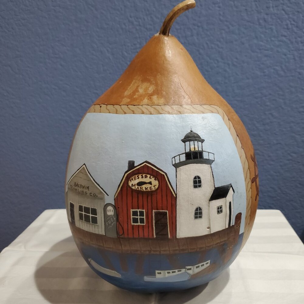 Hand Painted Gourd, Quaint New England Nautical Waterfront Scenes